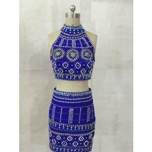 Sexy Two Pieces Short Royal Blue Beaded Homecoming Dreses Knee Length Open Back Graduation Dresses for Prom Party