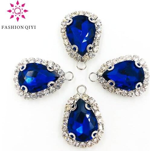 10x14mm/13X18mm Sliver bottom Royal blue teardrop Single hole Crystal button sew on rhinestones 10pcs/pack diy Clothing/Garment