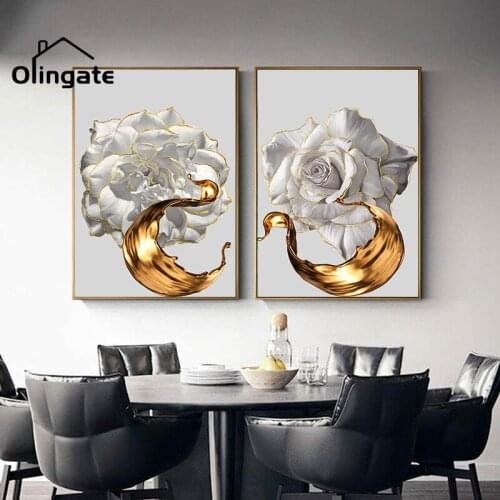 Nordic Art Plant Canvas White Rose Golden Poster Luxury Flower Picture Wall Canvas Painting Modern Living Room Home Decoration