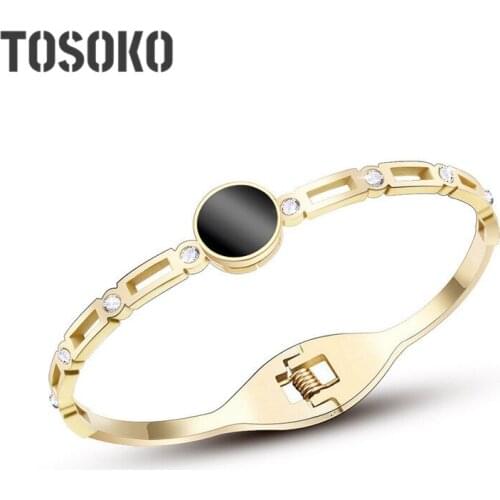 TOSOKO Stainless Steel Jewelry Black Shell With Eight Zircons And Inlaid Spring Bracelet Elegant Bracelet For Women BSZ152
