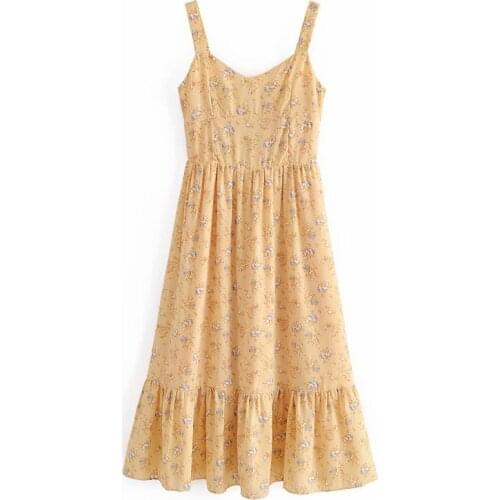 YENKYE Sexy Sling Summer Chiffon Dress Women Yellow Vintage Floral Print Robe Femme Sleeveless A-line Midi Holiday Vestido