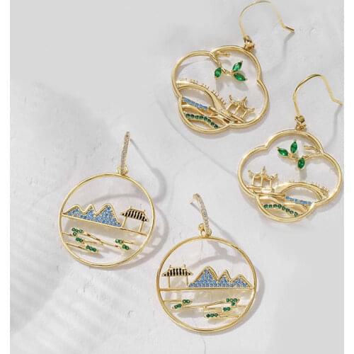 Chinese Style Jewelry Trendy Retro Charms Plant Bridge Pavilion Earrings For Women Good Quality 2021 New