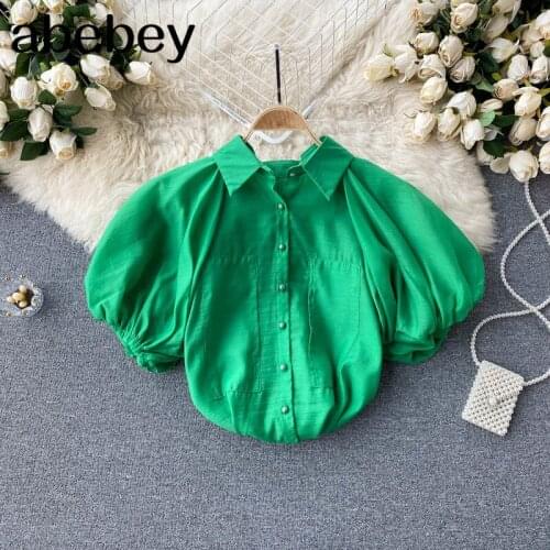 Women Design Blouse Sweet Short Sleeve Turn Down Collar Solid Casual Tops Summer Fashion Streetwear Blouses 2021