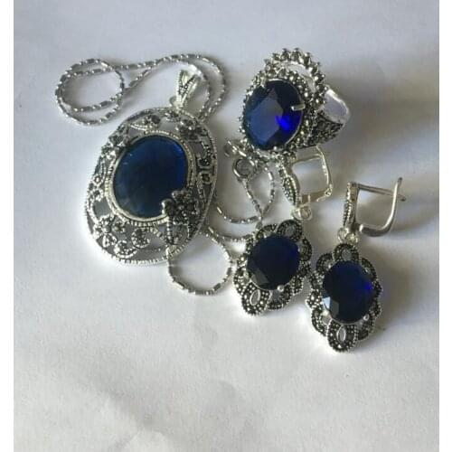 Ladys designed blue SAPPHIRE Marcasite 925 Sterling Silver Ring(#6-9) Earrings & Pandent jewelry sets
