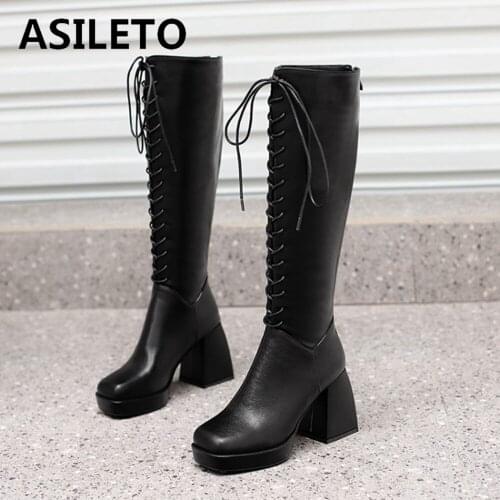 Black White Brown Women Knee High Boots Platform Thick High Heel Ladies Lace Up Faux Leather Square Toe Womens Boots S2352