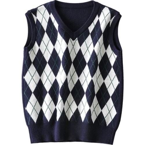 Womens V-neck Sleeveless Knitted Vest retro diamond pattern college style all-match girl sweater vest