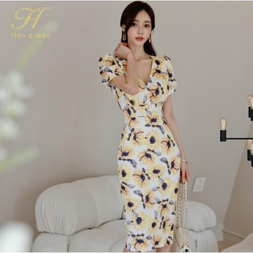 H Han Queen Korean V-Neck Elegant Printing Pencil Dress Women 2021 Summer Slim Business Sheath Bodycon Dresses OL Office Vestido