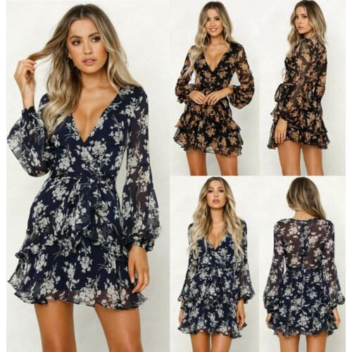 Women Deep V Collar Boho Dress Floral Summer Beach Casual Evening Party Short Sundress Mini Dress