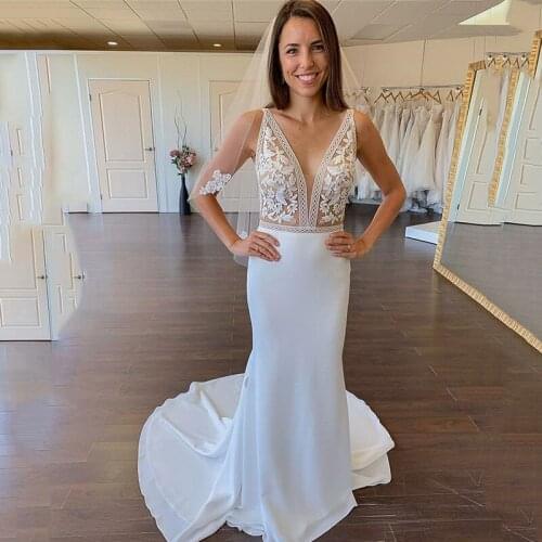 Real Sexy Mermaid Wedding Dresses 2021 Lace Bride Dress V Neck Back Women Boho Wedding Gowns Rustic Vestido de Noiva Sereia