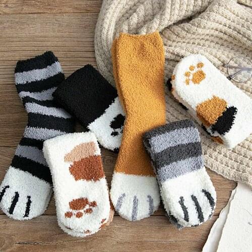 1 Pair Winter Plush Coral Fleece Socks Female Tube Socks Autumn Cat Claws Cute Thick Warm Sleeping Floor Sleep Socks