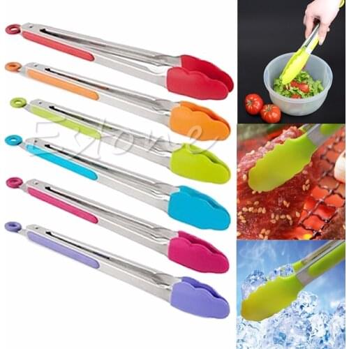 1PC BBQ Tongs Stainless Steel Food Grade Silicone Non-Stick Food Clips Kitchen Cooking Utensils Camping BBQ Tools Random Color