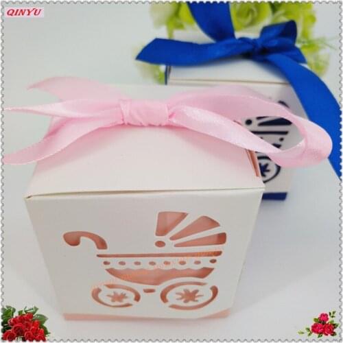 10pcs Laser Cut Hollow Baby Cart Box Gifts Candy Boxes With Ribbon Baby Shower Wedding Birthday Party Supplies 7z