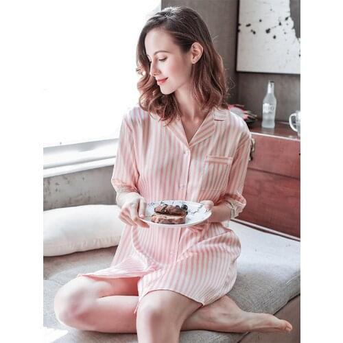 100% Mulberry Silk Nightdress Women Long Silk Nightgown Women Nightshirt Printed Casual Striped Shirt-style Plus Size Female