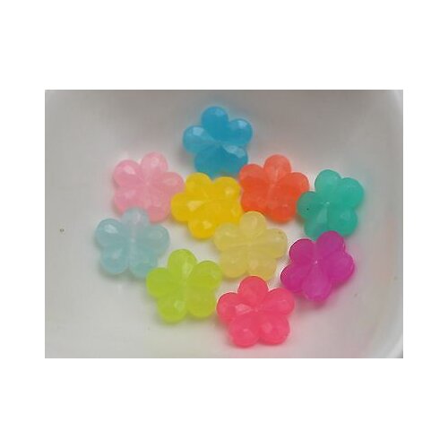 100 Mixed Jelly Color Acrylic Faceted Flower Charm Beads 14mm