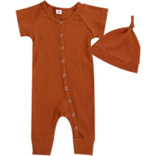 2020 Summer Newborn Baby Girls Boys Clothing Short Sleeve Rompers Single-breasted Kintted Jumpsuits + Hat 0-6M Toddler Clothes