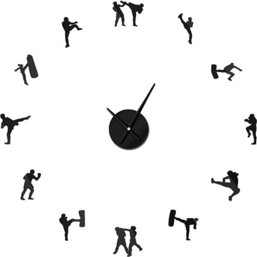 Kickboxing Karate Guys 3D DIY Large Wall Clocks Modern Decoration Acrylic Mirror Vinyl Art Sticker Decals Home Taekwondo Clocks