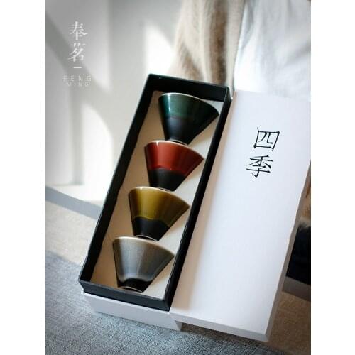 Chinese style four seasons Kung Fu teapot gift box hand painted master tea cup single ceramic cup Japanese teaware tea bowl 4pcs