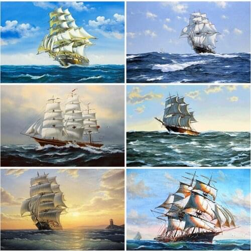 5D Landscape Diamond Painting Full Square Round Sea Boat Sky Scenery Picture of Rhinestone DIY Diamond Embroidery Home Decor
