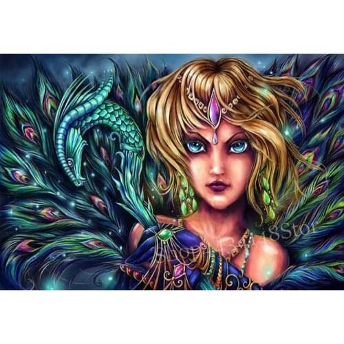 ArtBack full square / round diy diamond painting girl peacock feather pattern 3D rhinestone diamond mosaic decorative painting