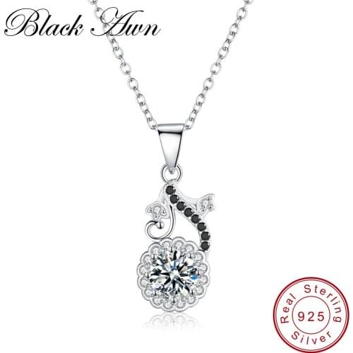 [BLACK AWN] Cute Genuine 100% 925 Sterling Silver Jewelry Flower Necklaces Pendants for Women Black&White Stone Necklace P143