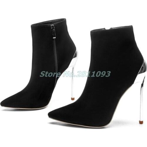 Flock Suede Black Zipper Ankle Booteis Sexy Pointed Toe Stiletto High Heel Dress Women Spring Shoes Metal Blade Heel Boots