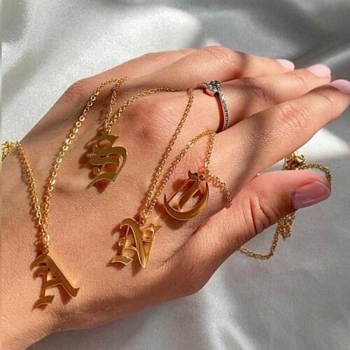 New Fashion Old English Stainless Steel Letter A~Z Pendant Rose Gold Color Choker Necklace for Women Men Party Memory Best Gifts