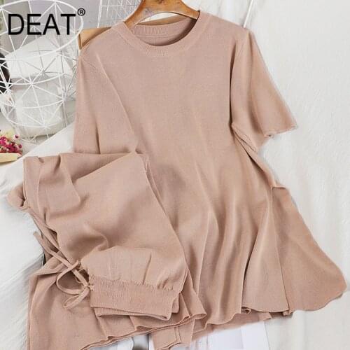 DEAT 2021 Summer Knitting Suit Women Short Sleeve Top Long Wide Leg Pants Two Piece Set MJ008