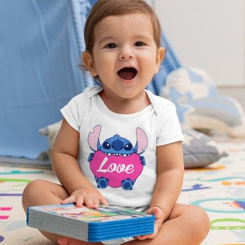 Baby Bodysuits 0-24M Summer New Stitch Cute Heart Cartoon Pattern Printing Short Sleeve Harajuku Disney Series Newborn Jumpsuit