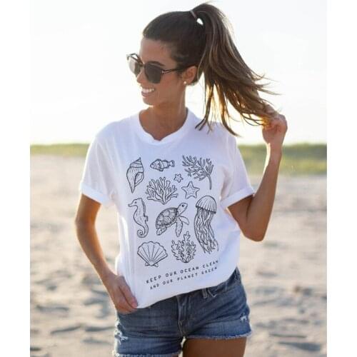 Unisex Keep Our Ocean Clean And Our Planet Green T-shirt Fashion Women Graphic Vegan Tee Top Summer O-Neck Grunge Slogan T Shirt