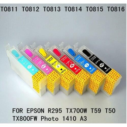 6 color 81N T0811N -T0816N Refillable ink cartridge for EPSON R295 TX700W T59 T50 TX800FW Photo 1410 A3 printer Auto reset chip