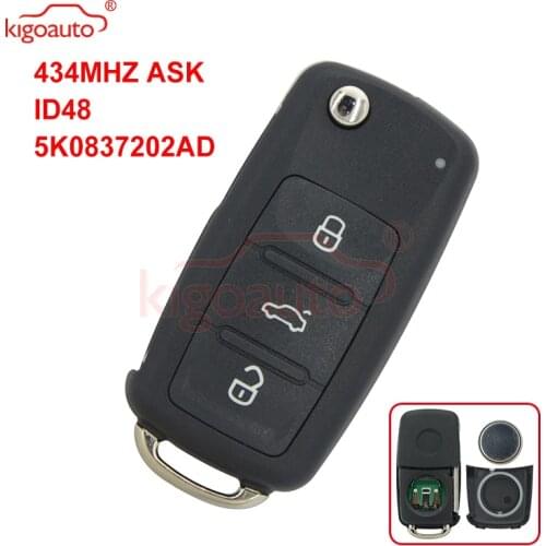 Kigoauto best price 5K0837202AD 2 button HU66 434MHZ ASK ID48 remote key for VW Passat Polo Golf Jetta Beetle Tiguan 2012