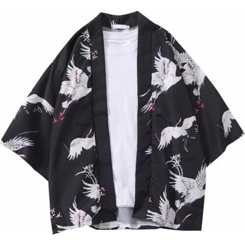 Casual Men Flying Crane Front Open 3/4 Sleeve Kimono Cardigan Yukata Coat Shirt