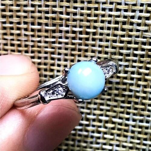 6mm 100% Natural Blue Larimar Ring Jewelry For Woman Lady Man Silver Beads Dominica Water Pattern Gemstone Adjustable Ring AAAAA