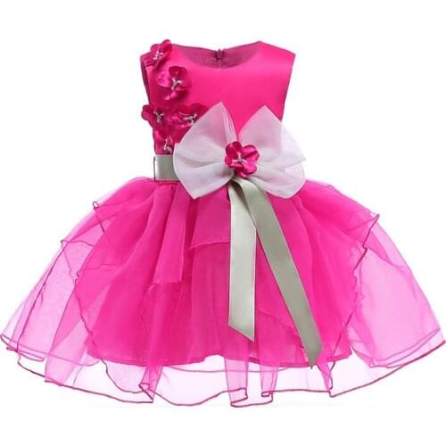Girls Pretty Rose Red Flower Bow Princess Dresses 3-8 Years Old Kids Sleeveless Short Formal Dresses Childrens Party Tutu
