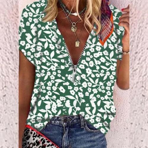 Summer Trend V-neck Loose Tops Womens Short Sleeve Floral Shirt Vintage Zipper Leopard Print T-shirt Plus Size Casual Tshirt