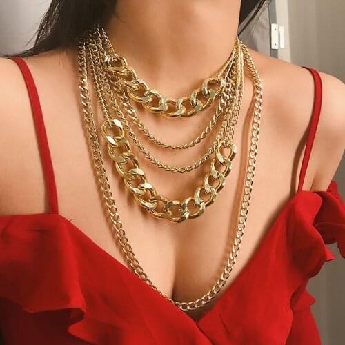 Punk Exaggerated Multilayer Heavy Metal Aluminium Thick Chain Necklace Women Vintage Long Necklace Jewelry Maxi Kolye XR2132