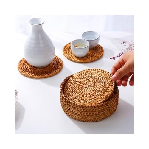 6 Pcs Drink Coasters Set for Kungfu Tea Accessories Diameter 8Cm Round Tableware Placemat Dish Mat Rattan Weave Cup Mats Pad