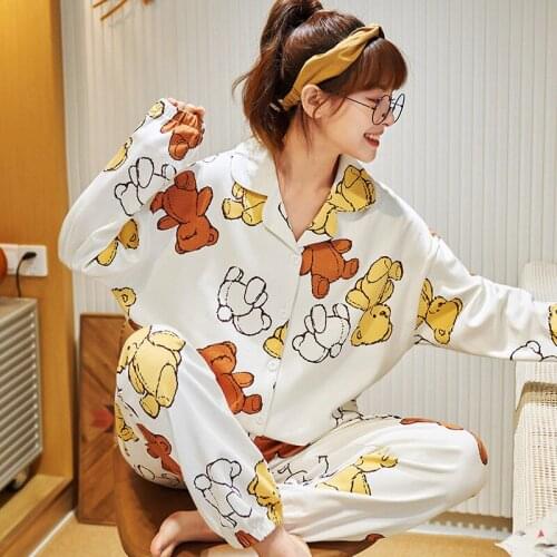 Sleepwear Women Cotton Cute Button Up Pajama Set Home Clothes for Women Turn Down Collar Sleepwear Printed Cartoon Sleepwear