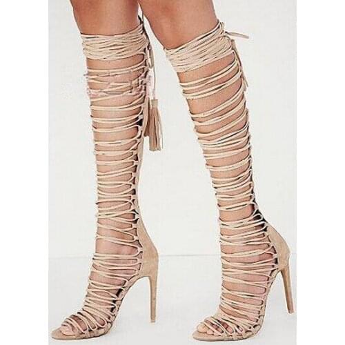 Spring new lace up gladiator sandal boots black/nude suede peep toe stiletto high heels tassels knee high summer boots sandal