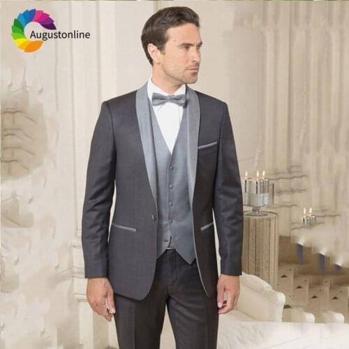 Grey Men Wedding Suit Male Blazers Slim Fit Groom Tuxedos Silver Shawl 3Piece Jacket Pants Vest Custom Made Groomsmen Suit Terno