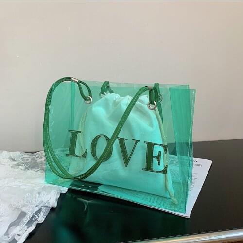 2pcs Composite Bags for Women Transparent Letters Printing Large Capacity Tote Handbags Shoulder Underarm Bag Drawstring Pouch