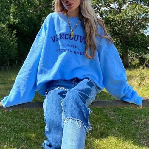 Nice Blue Letter Print Vintage Preppy Style Oversized Sweatshirt for Teens Girls Casual Loose Long Sleeve Harajuku Tops Clothes