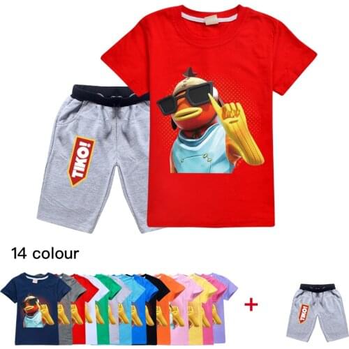 TIKO! Fishstick Cartoon Kids Boutique Clothing Wholesale Children Boys Summer Cotton T Shirt Pants Set Girl Christmas Outfit