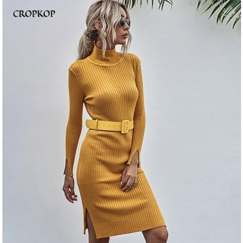 Spring Autumn Women Long Sleeve Knitted Dress Sexy Bodycon Solid Slit Midi Dresses Casual Basic Turtleneck Sweater Dress 2021