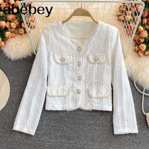 2021 New Summer Autumn Fashion O-neck long sleeve Coat pocket decoration pearl button single breasted tweed short Jacket Top