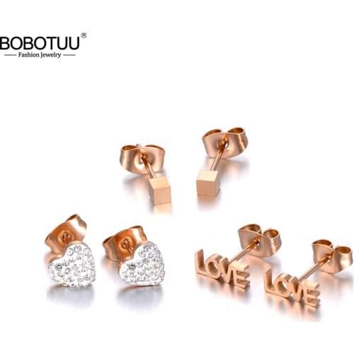 BOBOTUU Trendy 3Pair/Set Stainless Steel Heart & LOVE & Square Earrings For Women Party Earrings For Christmas Gift BE19285