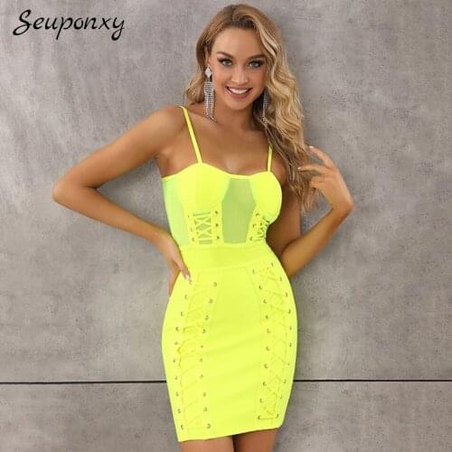 High Quality Sexy Sleeveless Spaghetti Strap Mesh Eyelet Bodycon Bandage Dress 2021 Summer Womens Celebrity Party Dress Vestido