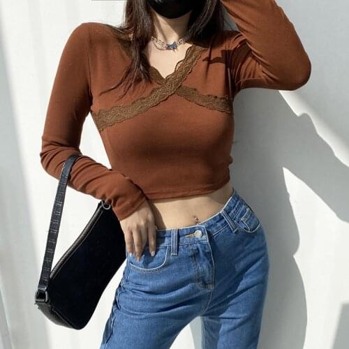 2020 Fashion Trend Women Solid Color Long Sleeve Slim Crop Tops Lace V Neck Skinny Spring Autumn Casual Pullover T-shirts Tees