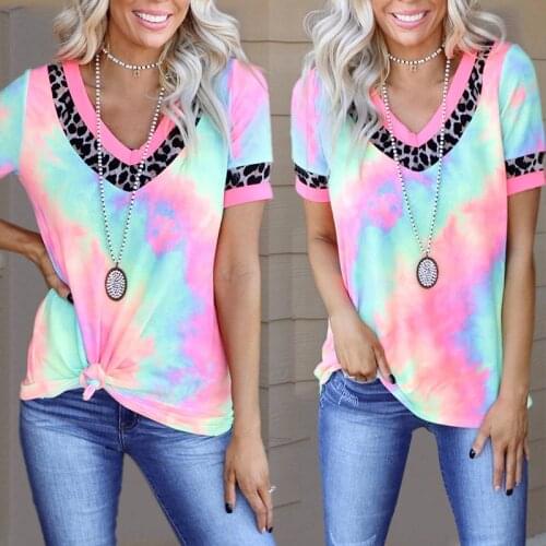 2021 Summer Clothes For Women Fashion Tie-dye Printed Short-Sleeved V-neck Casual T-shirt One Piece Women Tops Clothing Blouses