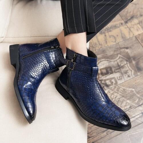 38-48 Crocodile Pattern Men PU Leather Boots Misalwa Retro Buckle Strap Zip British Chelsea Boots Dropship Mens Motorcycle Shoe